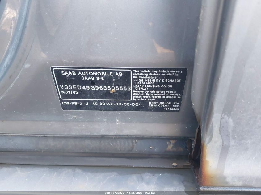 2006 Saab 9-5 2.3T VIN: YS3ED49G963505553 Lot: 43727272