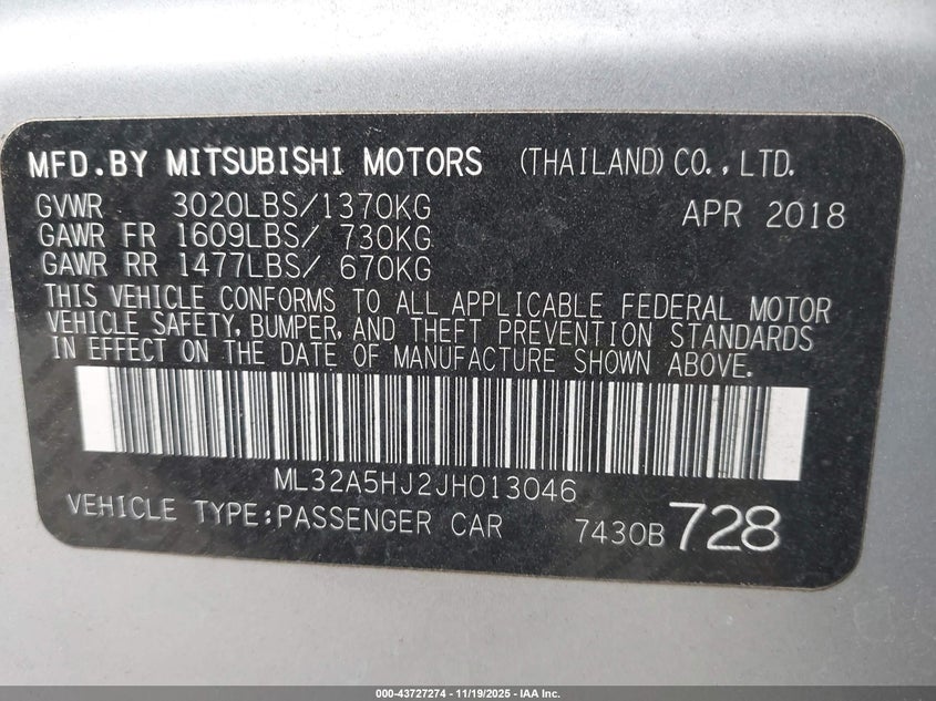 2018 Mitsubishi Mirage Gt VIN: ML32A5HJ2JH013046 Lot: 43727274