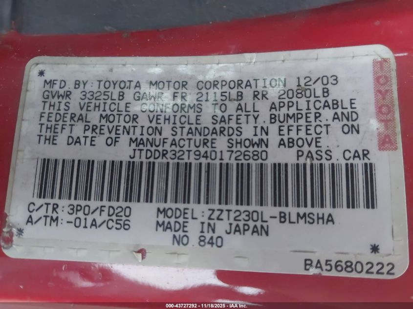 2004 Toyota Celica Gt VIN: JTDDR32T940172680 Lot: 43727292