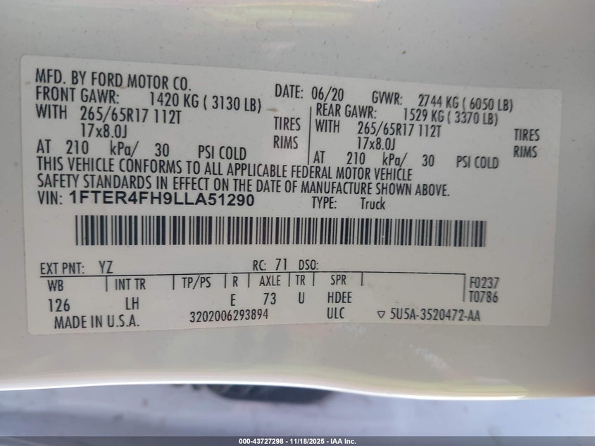 2020 Ford Ranger Xl VIN: 1FTER4FH9LLA51290 Lot: 43727298