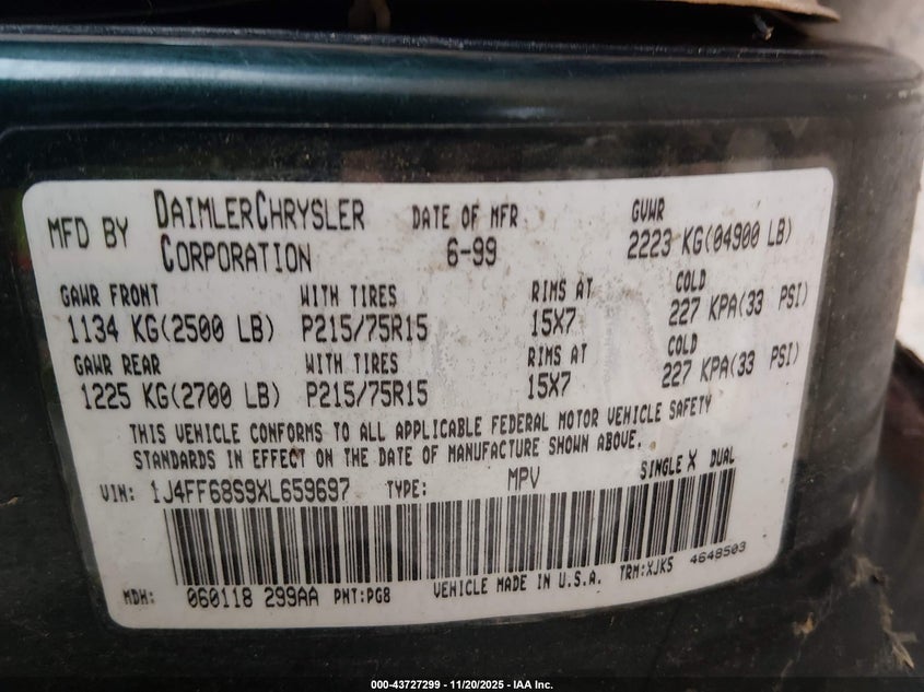 1999 Jeep Cherokee Classic/Sport VIN: 1J4FF68S9XL659697 Lot: 43727299