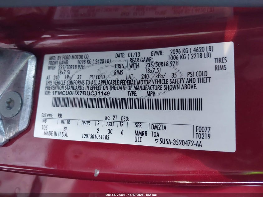 2013 Ford Escape Sel VIN: 1FMCU0HX7DUC31149 Lot: 43727307