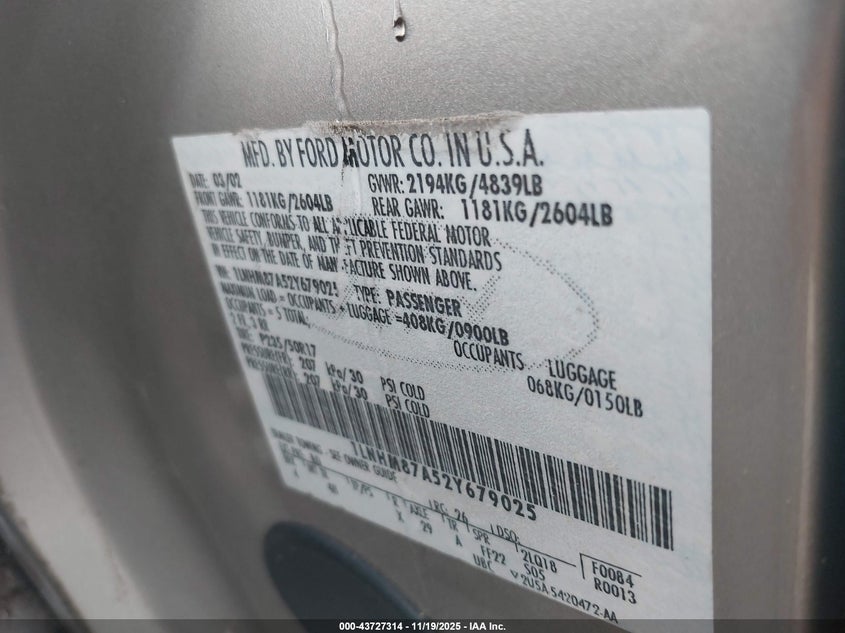 2002 Lincoln Ls V8 Auto VIN: 1LNHM87A52Y679025 Lot: 43727314