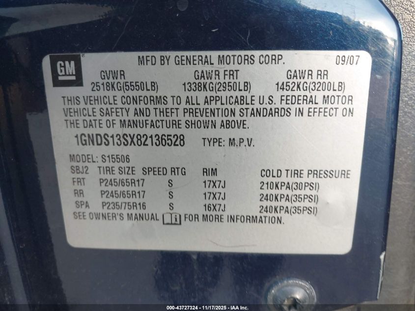 2008 Chevrolet Trailblazer Lt VIN: 1GNDS13SX82136528 Lot: 43727324