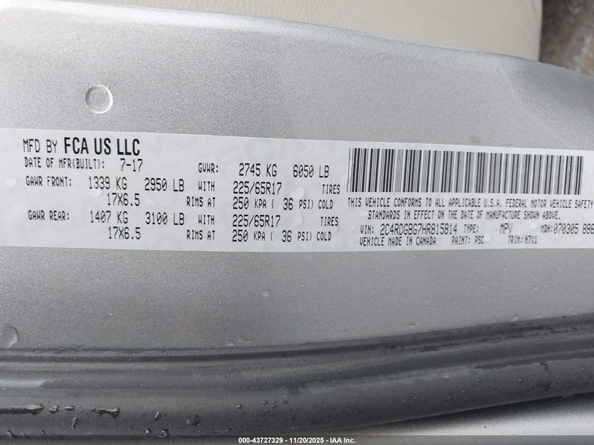 2017 Dodge Grand Caravan Se Plus VIN: 2C4RDGBG7HR815814 Lot: 43727329