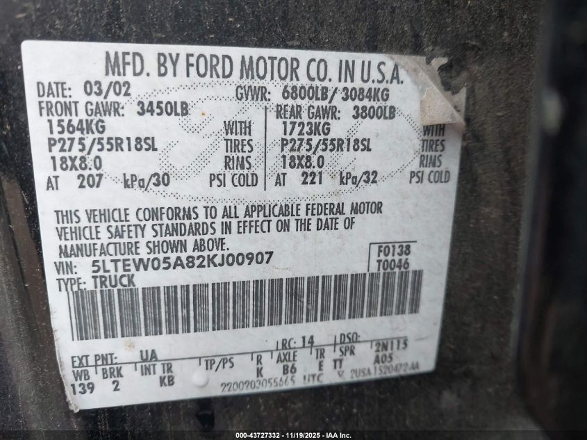 2002 Lincoln Blackwood VIN: 5LTEW05A82KJ00907 Lot: 43727332