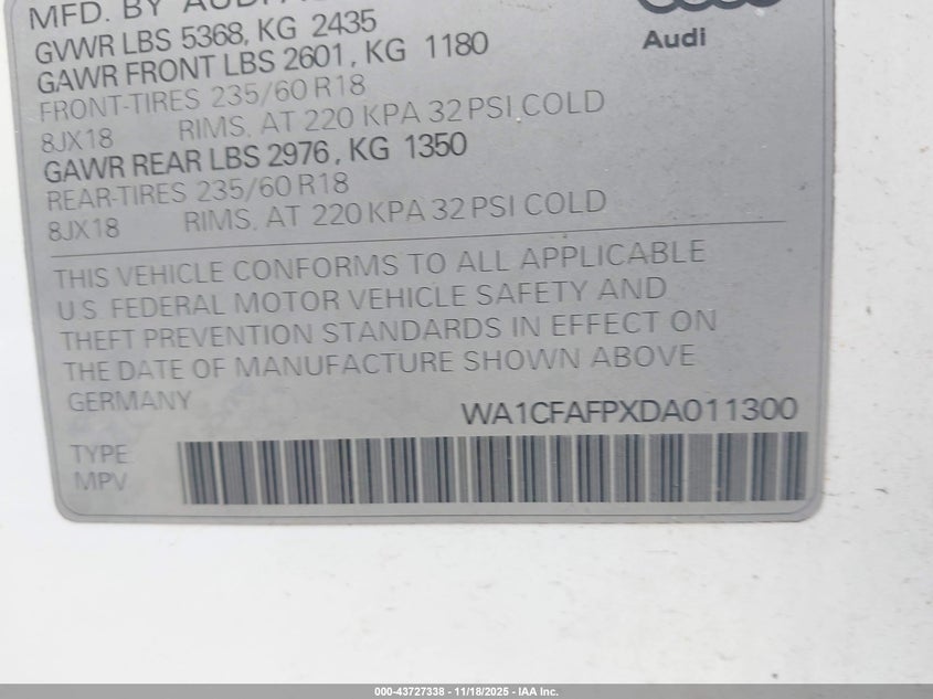 2013 Audi Q5 2.0T Premium VIN: WA1CFAFPXDA011300 Lot: 43727338