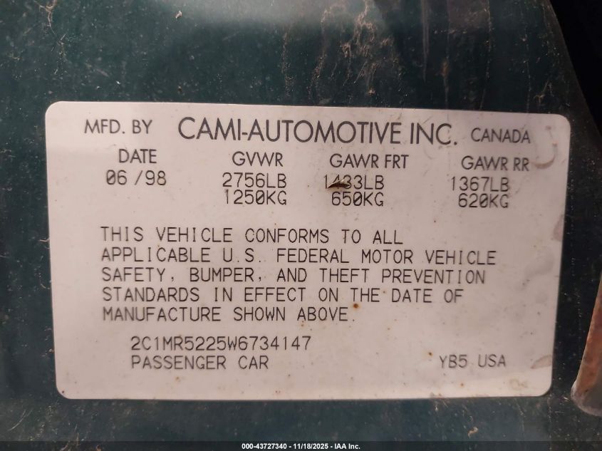 1998 Chevrolet Metro Lsi VIN: 2C1MR5225W6734147 Lot: 43727340