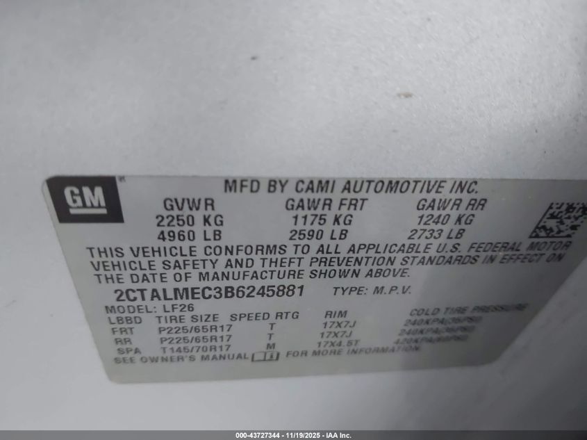 2011 GMC Terrain Sle-1 VIN: 2CTALMEC3B6245881 Lot: 43727344