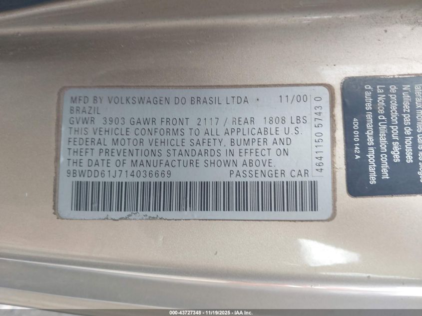 2001 Volkswagen Gti Gls VIN: 9BWDD61J714036669 Lot: 43727348