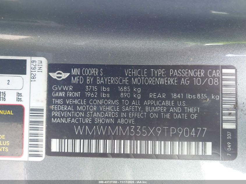 2009 Mini Cooper S Clubman VIN: WMWMM335X9TP90477 Lot: 43727350