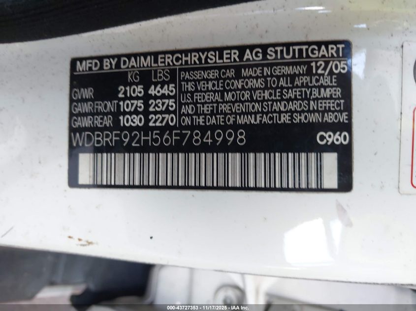 2006 Mercedes-Benz C 280 Luxury 4Matic VIN: WDBRF92H56F784998 Lot: 43727353