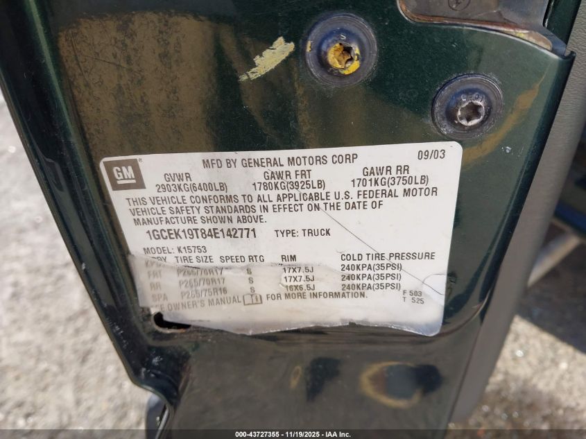 2004 Chevrolet Silverado 1500 Z71 VIN: 1GCEK19T84E142771 Lot: 43727355