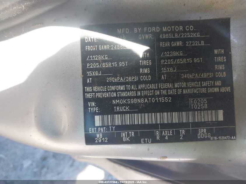 2010 Ford Transit Connect Xlt VIN: NM0KS9BN8AT011552 Lot: 43727364