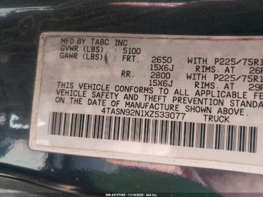 1999 Toyota Tacoma Prerunner V6 VIN: 4TASN92N1XZ533077 Lot: 43727365