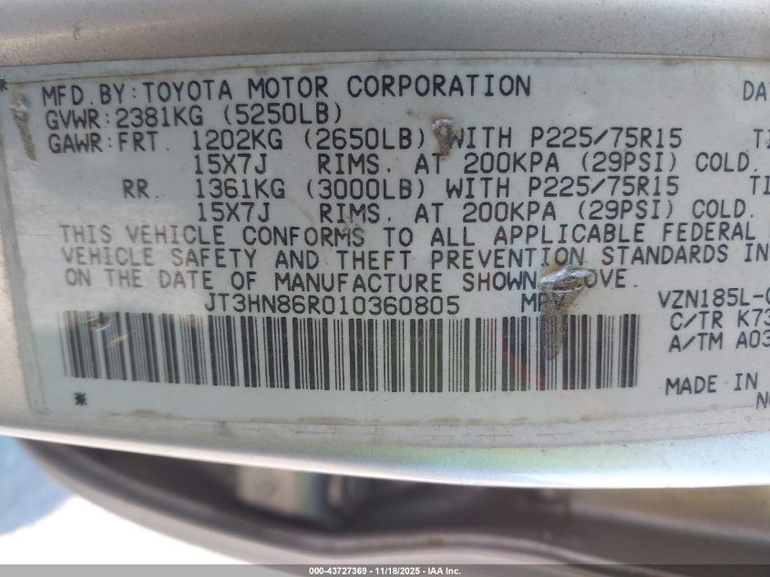 2001 Toyota 4Runner Sr5 V6 VIN: JT3HN86R010360805 Lot: 43727369