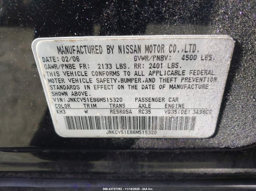 2006 Infiniti G35 VIN: JNKCV51E86M515320 Lot: 43727392