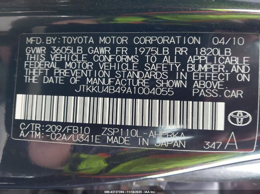 2010 Scion Xd VIN: JTKKU4B49A1004055 Lot: 43727394