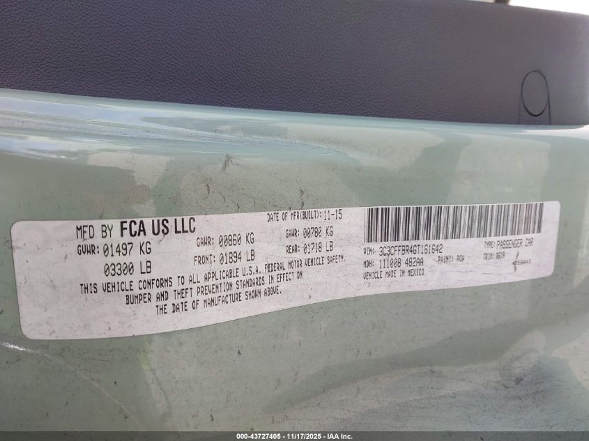 2016 Fiat 500 Sport VIN: 3C3CFFBR4GT161642 Lot: 43727405