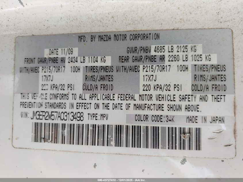 2010 Mazda Cx-7 I Sport VIN: JM3ER2W57A0313498 Lot: 43727410