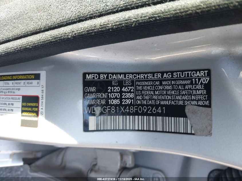 2008 Mercedes-Benz C 300 Luxury 4Matic/Sport 4Matic VIN: WDDGF81X48F092641 Lot: 43727416