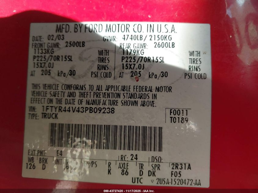 2003 Ford Ranger Edge/Tremor/Xlt VIN: 1FTYR44V43PB09238 Lot: 43727420