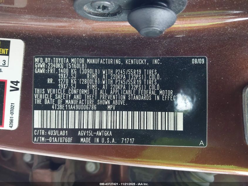 2009 Toyota Venza VIN: 4T3BE11A49U006786 Lot: 43727421