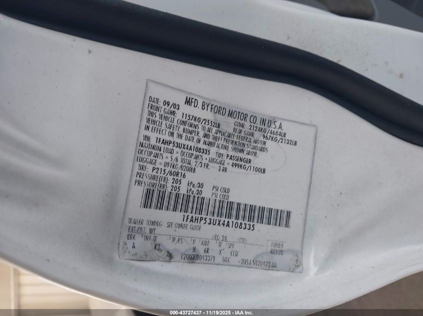 2004 Ford Taurus Se VIN: 1FAHP53UX4A108335 Lot: 43727437