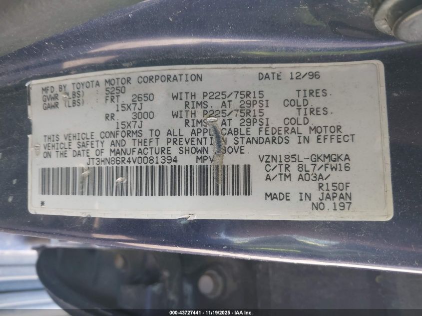 1997 Toyota 4Runner Sr5 V6 VIN: JT3HN86R4V0081394 Lot: 43727441