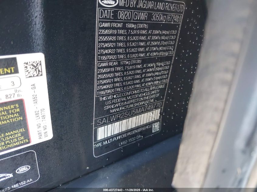 2021 Land Rover Range Rover Sport Hse Silver Edition Mhev VIN: SALWR2SU5MA749770 Lot: 43727443