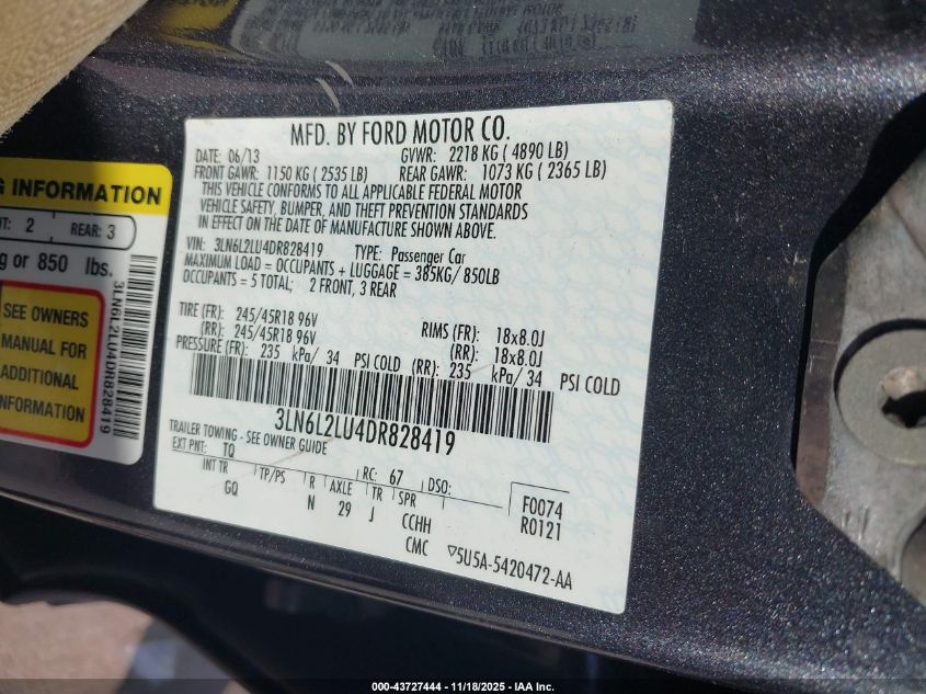 2013 Lincoln Mkz Hybrid VIN: 3LN6L2LU4DR828419 Lot: 43727444