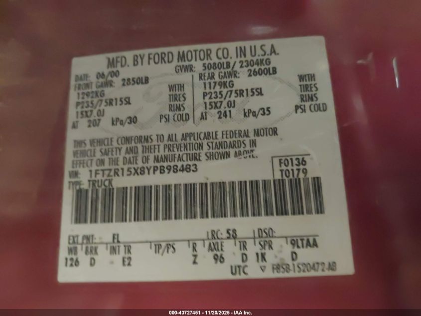 2000 Ford Ranger Xlt VIN: 1FTZR15X8YPB98483 Lot: 43727451