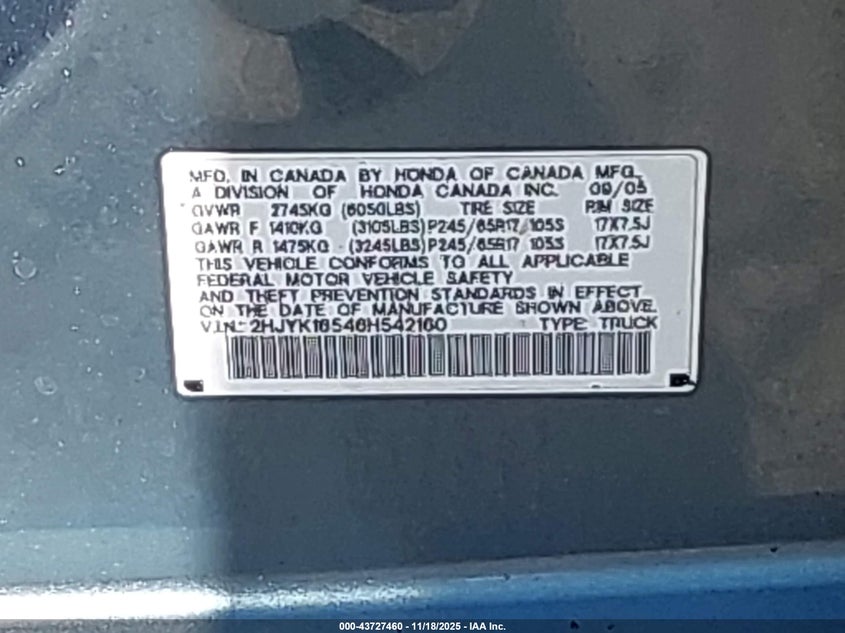 2006 Honda Ridgeline Rtl VIN: 2HJYK16546H542160 Lot: 43727460