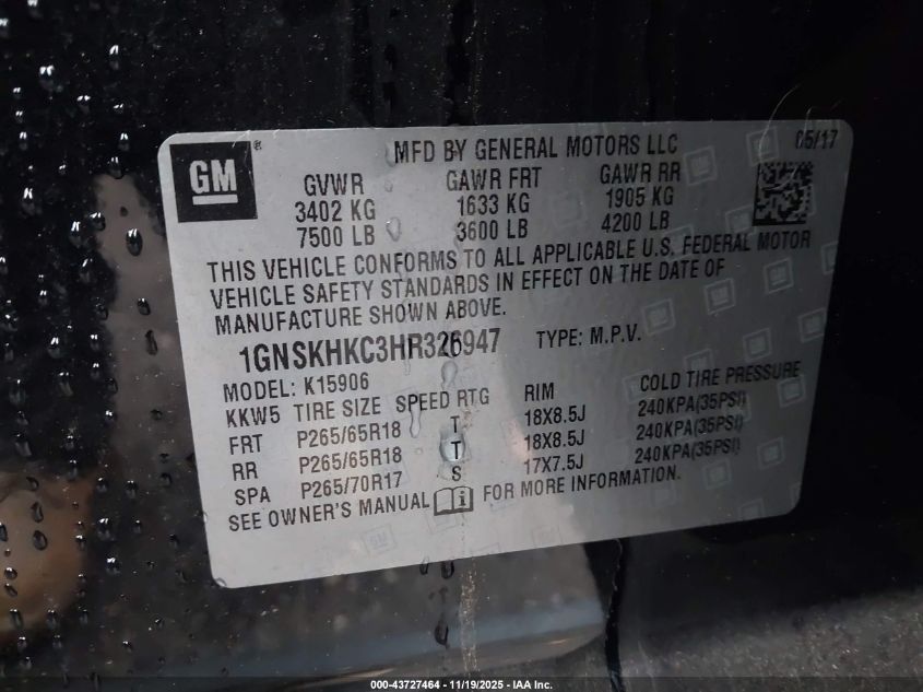 2017 Chevrolet Suburban Lt VIN: 1GNSKHKC3HR326947 Lot: 43727464