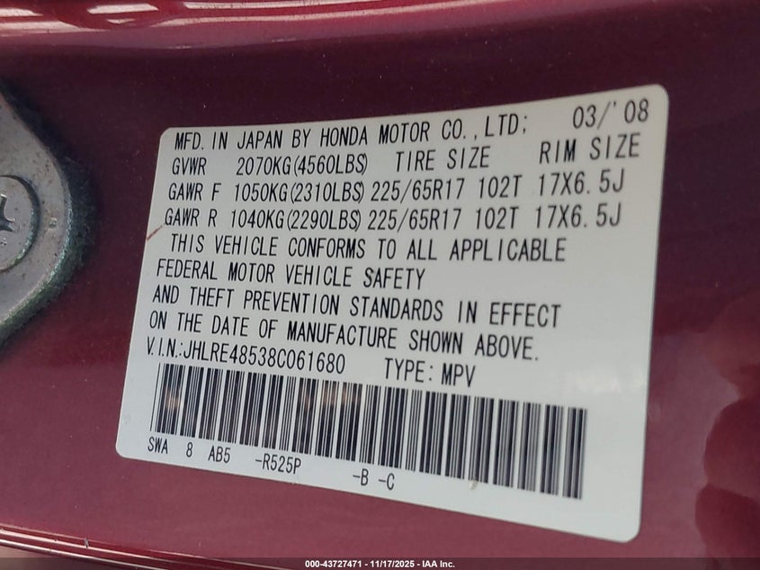 2008 Honda Cr-V Ex VIN: JHLRE48538C061680 Lot: 43727471