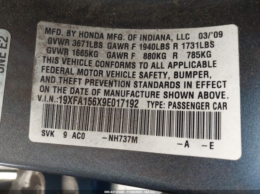 2009 Honda Civic Lx-S VIN: 19XFA156X90117192 Lot: 43727480