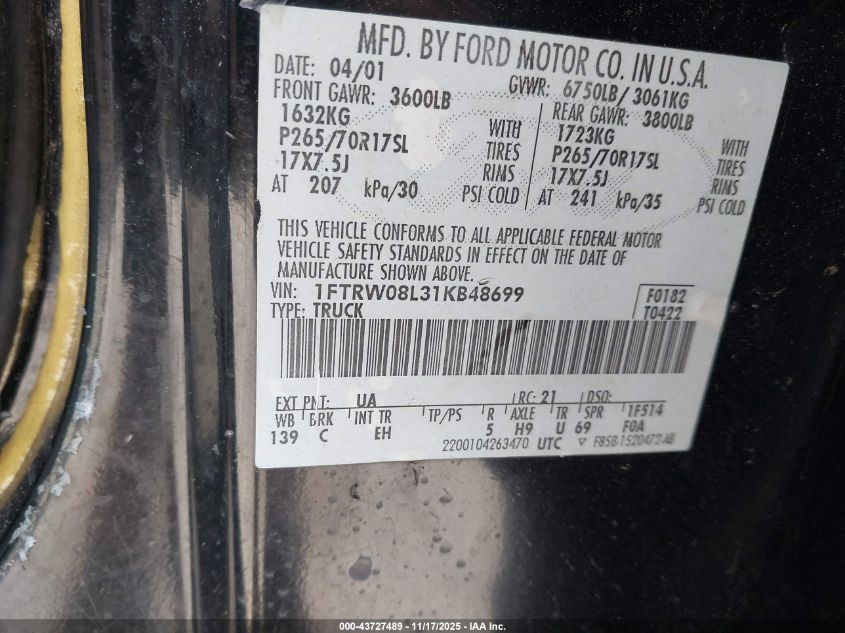 2001 Ford F-150 King Ranch Edition/Lariat/Xlt VIN: 1FTRW08L31KB48699 Lot: 43727489