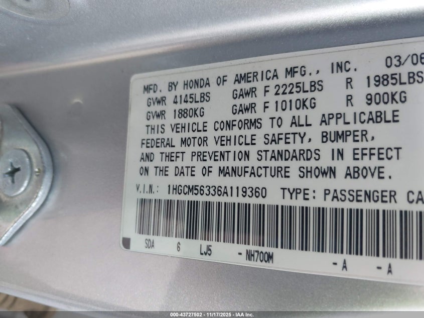 1HGCM56336A119360 2006 HONDA ACCORD photo no. 9