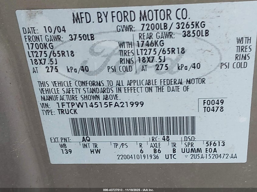 2005 Ford F150 Supercrew VIN: 1FTPW14515FA21999 Lot: 43727513