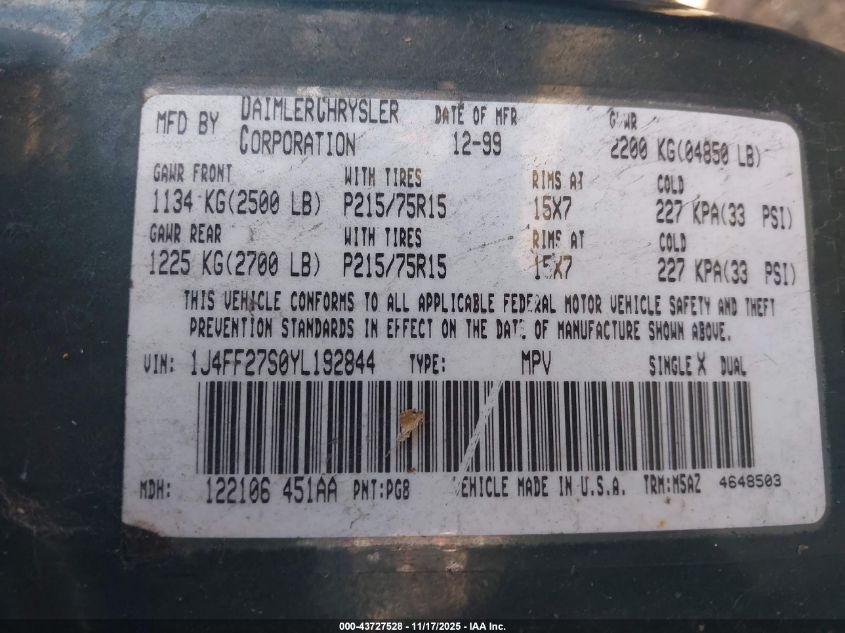 2000 Jeep Cherokee Se VIN: 1J4FF27S0YL192844 Lot: 43727528