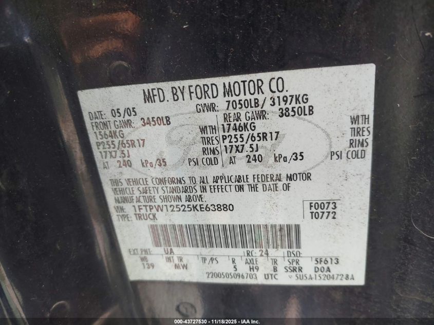 2005 Ford F-150 Lariat/Xlt VIN: 1FTPW12525KE63H80 Lot: 43727530