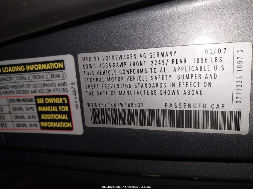 2007 Volkswagen Rabbit 2-Door VIN: WVWBR71K87W188832 Lot: 43727532