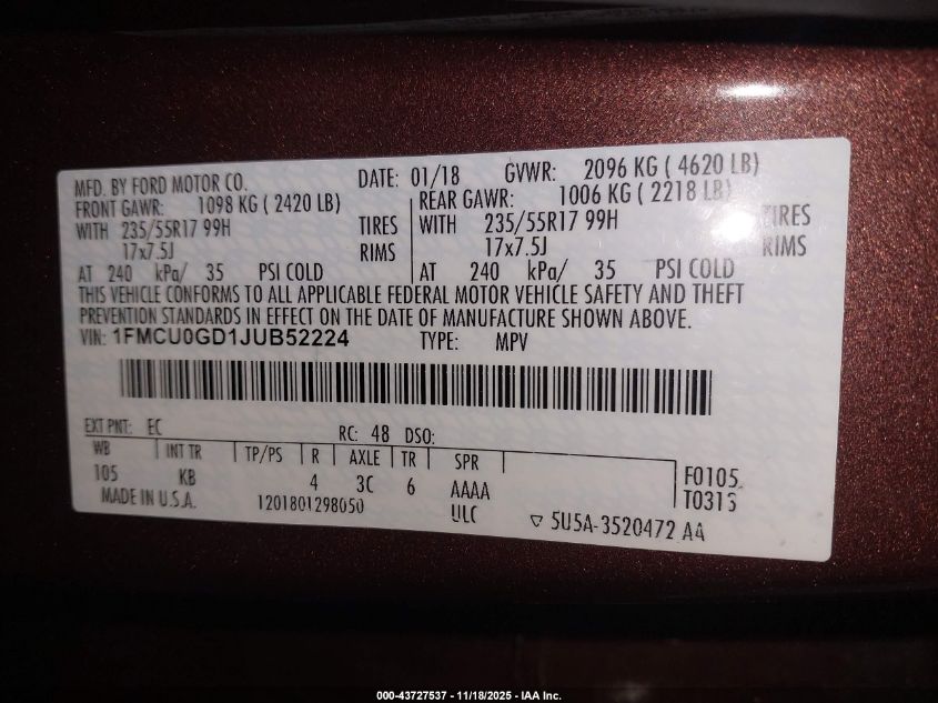 2018 Ford Escape Se VIN: 1FMCU0GD1JUB52224 Lot: 43727537