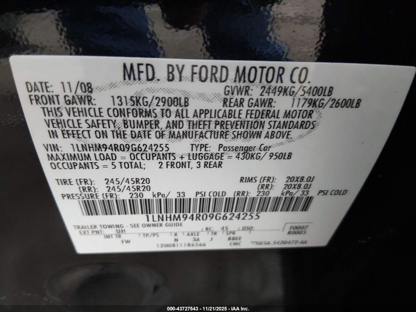 2009 Lincoln Mks VIN: 1LNHM94R09G624255 Lot: 43727543