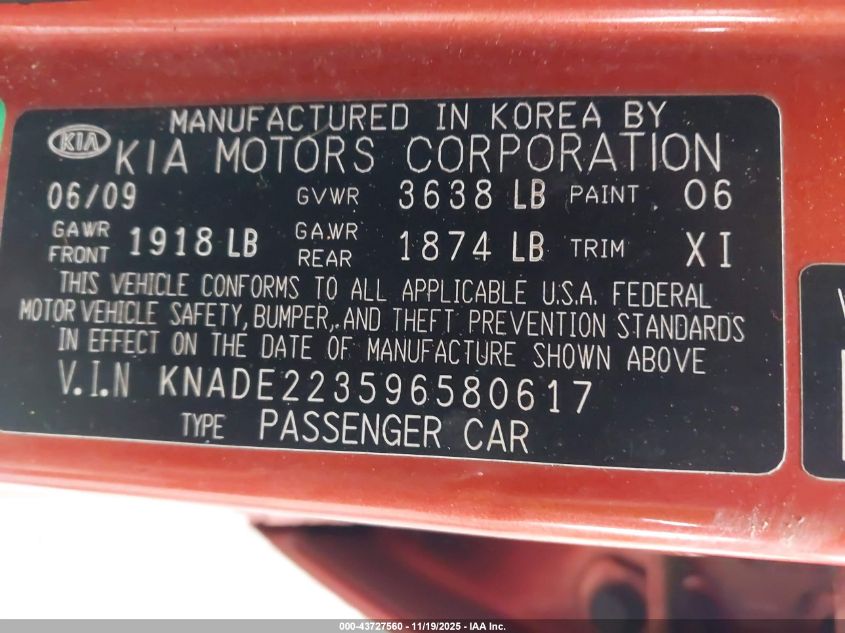 2009 Kia Rio Lx VIN: KNADE223596580617 Lot: 43727560