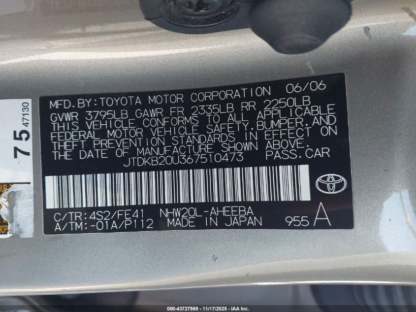 2006 Toyota Prius VIN: JTDKB20U367510473 Lot: 43727569