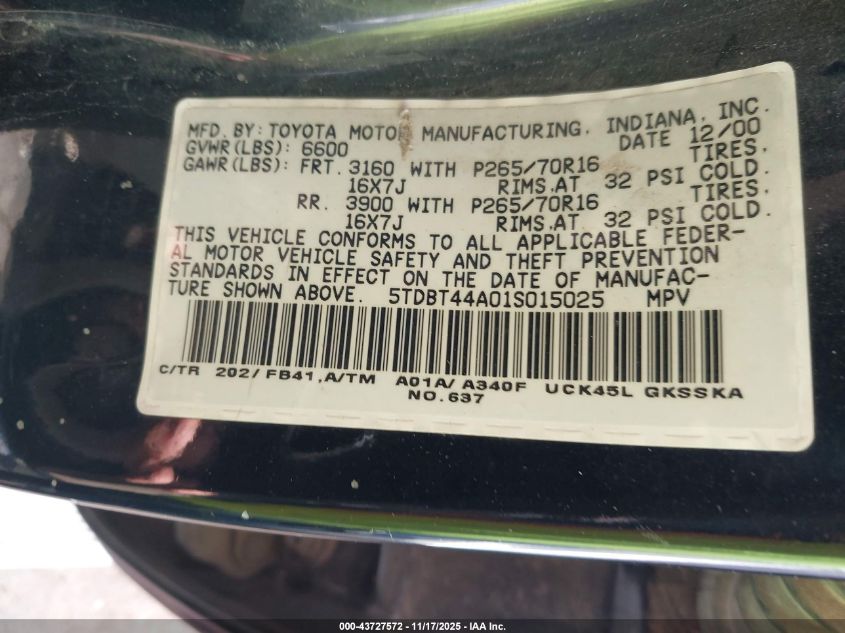 2001 Toyota Sequoia Sr5 V8 VIN: 5TDBT44A01S015025 Lot: 43727572