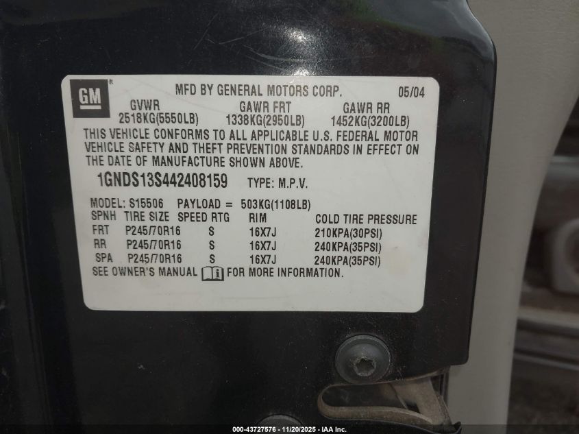 2004 Chevrolet Trailblazer Ls VIN: 1GNDS13S442408159 Lot: 43727576