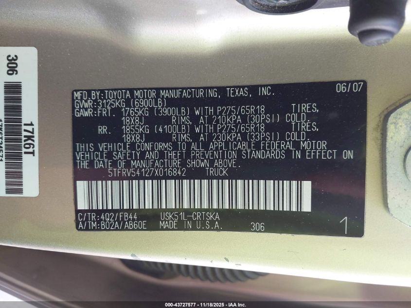 2007 Toyota Tundra Sr5 V8 VIN: 5TFRV54127X016842 Lot: 43727577