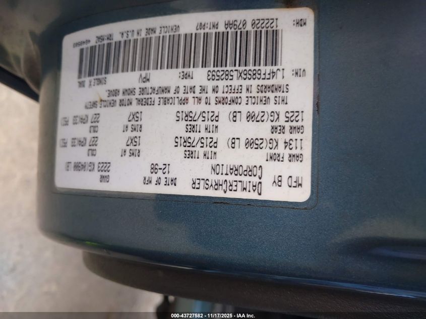 1999 Jeep Cherokee Classic/Sport VIN: 1J4FF68S6XL582593 Lot: 43727582